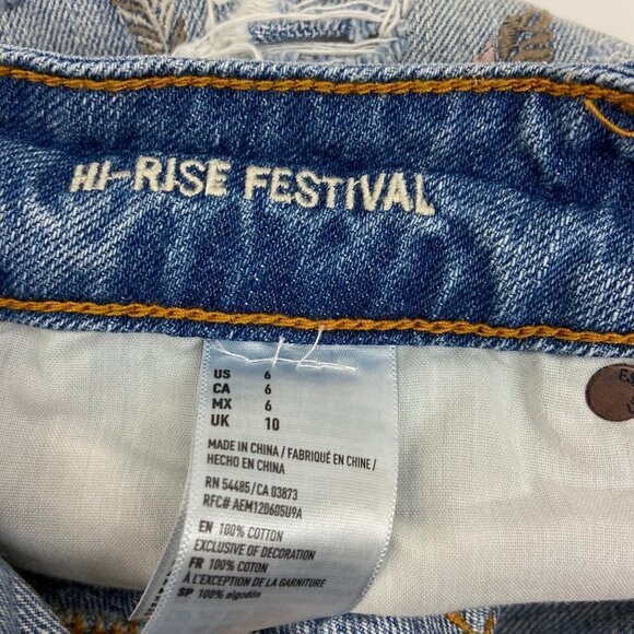 American Eagle Hi Rise Distressed Jean Shorts Hi Rise Festival Embroidered - Picture 6 of 8